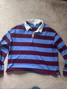 J. Crew Factory Blue and Burgundy Striped Long Sleeve Polo